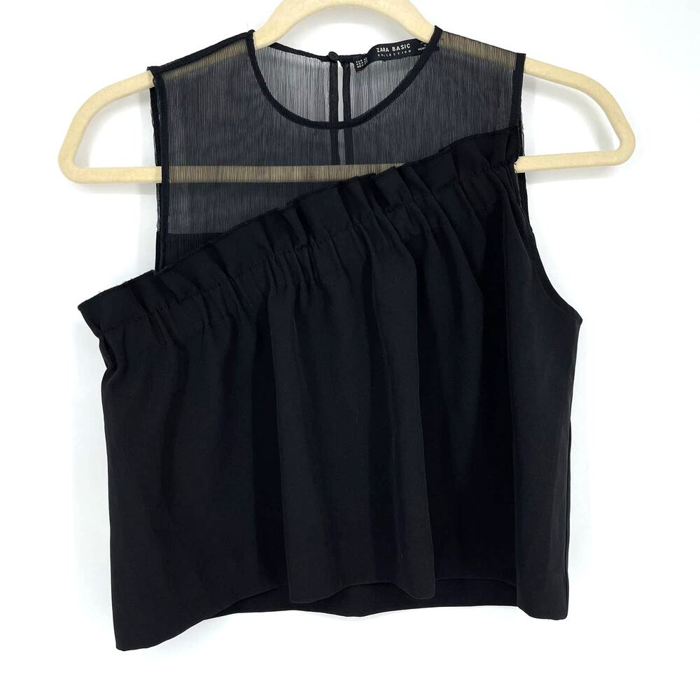 Zara Black Sleeveless‎ Top XS Ruffle Sheer Neckline
